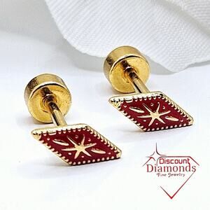 Dainty Red 18K Yellow Gold Vintage Diamond Shaped Screw Back Earrings